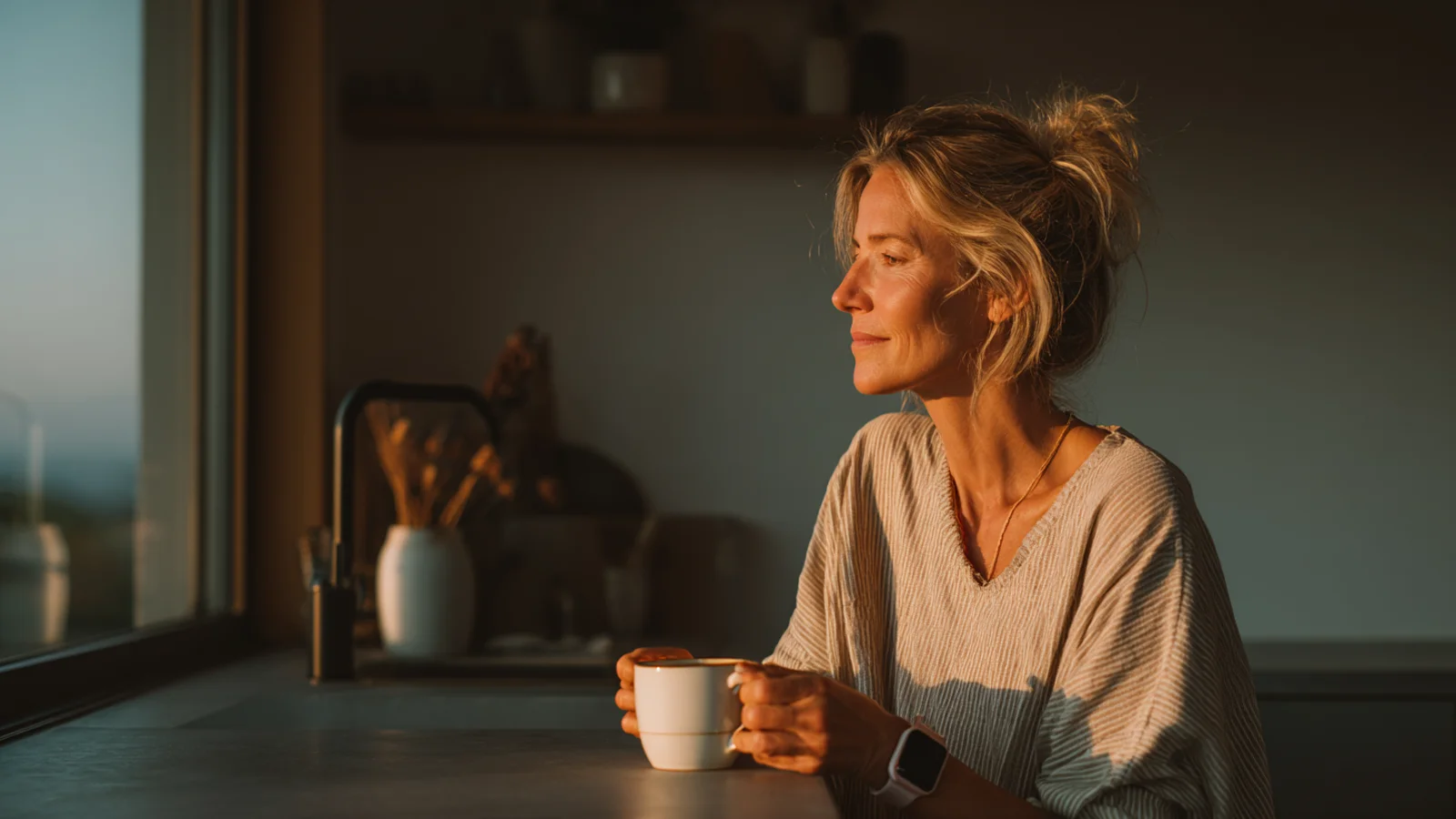 Frau Mitte 50 mit Kaffeetasse am Morgen-Fenster – der erste ruhige Moment des Tages
