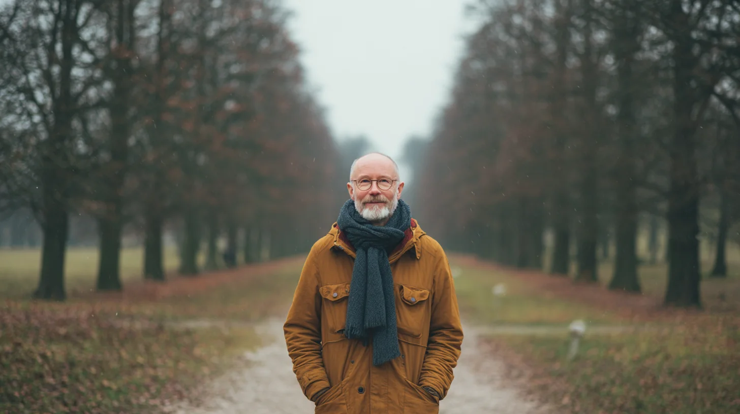 Mann Anfang 50 geht entspannt durch einen ruhigen Park – moderate Bewegung als effektivste Maßnahme gegen stressbedingten Rückenschmerz