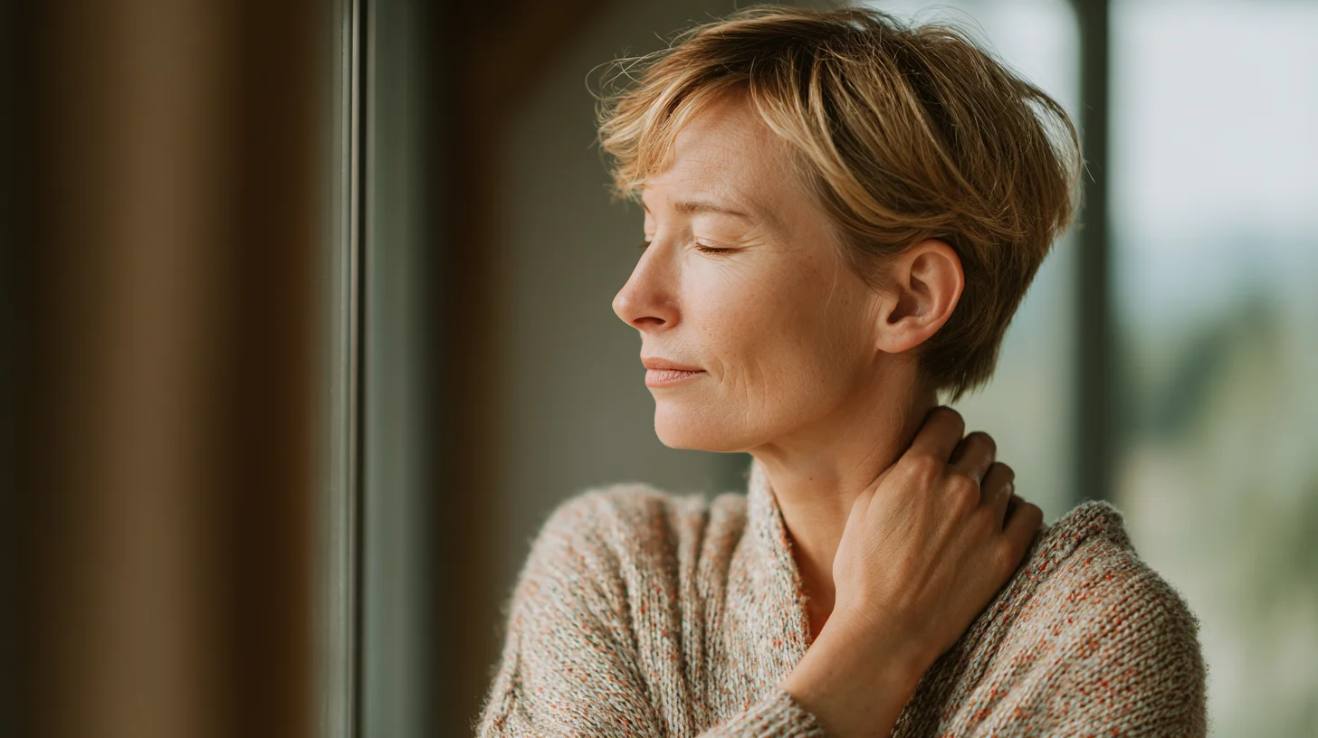 Frau Anfang 50 fasst sich an den verspannten Nacken – Muskelverspannung als häufigstes Stresssignal im Rücken