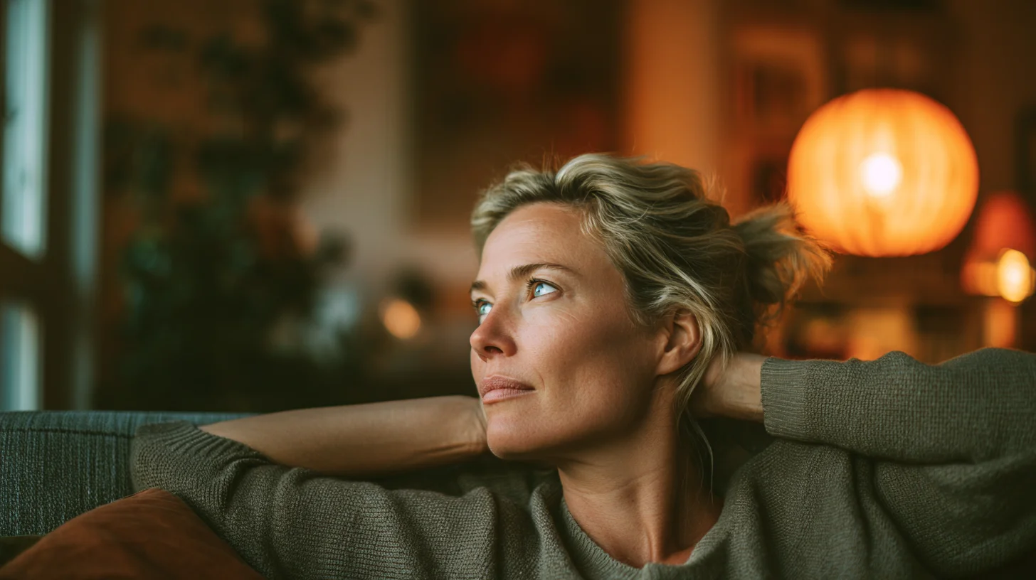 Frau Ende 40 liegt abends auf dem Sofa – körperlich ruhend, aber innerlich nicht erholt