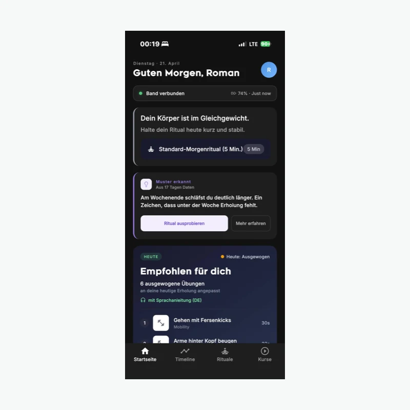 FITprofil-App: Startseite mit Tagesempfehlung