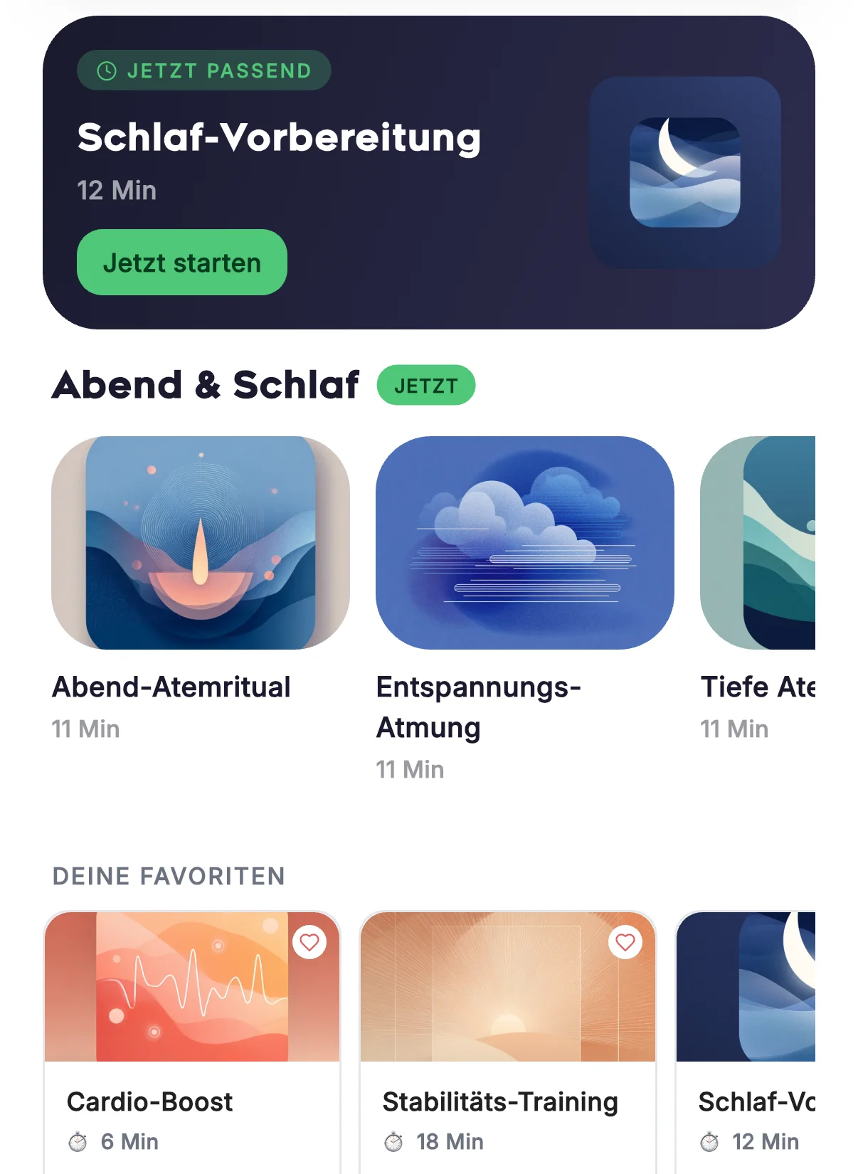 FITprofil App: Rituale für den Abend mit Dauer in Minuten