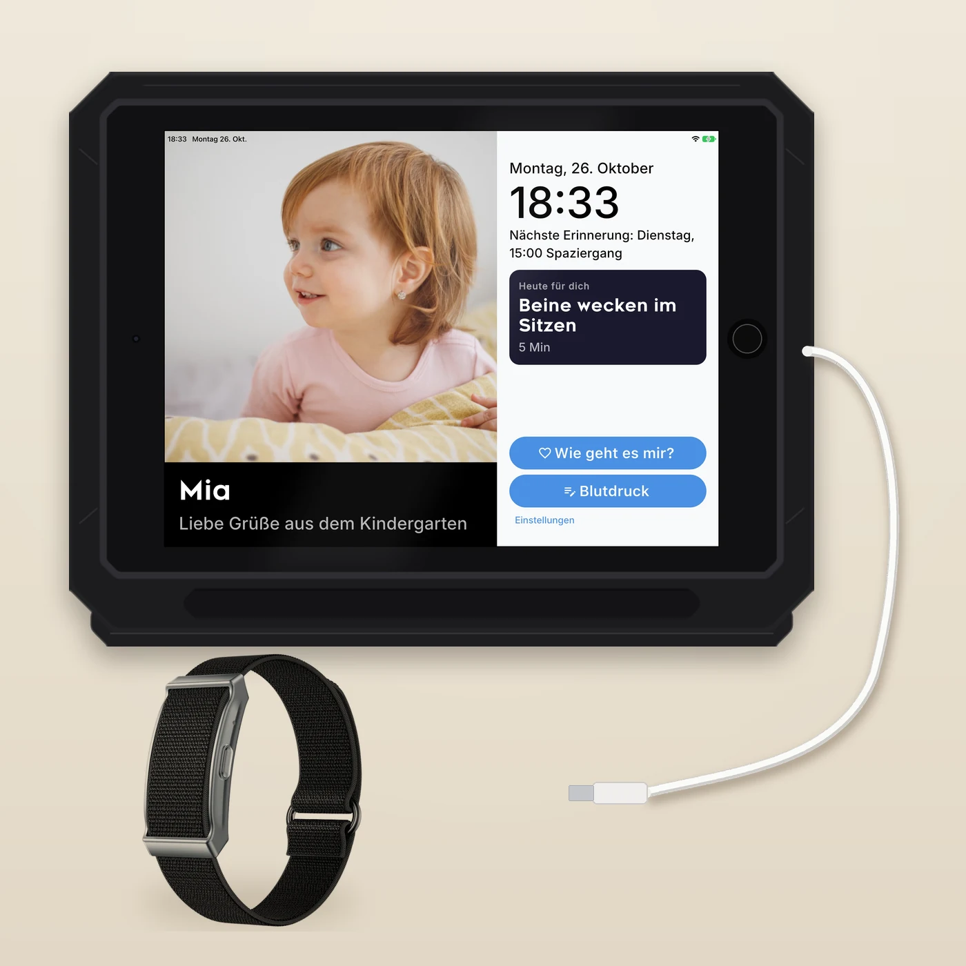 Alles im Paket: ein iPad in Hülle mit dem Familienfenster und das FITprofil Band.
